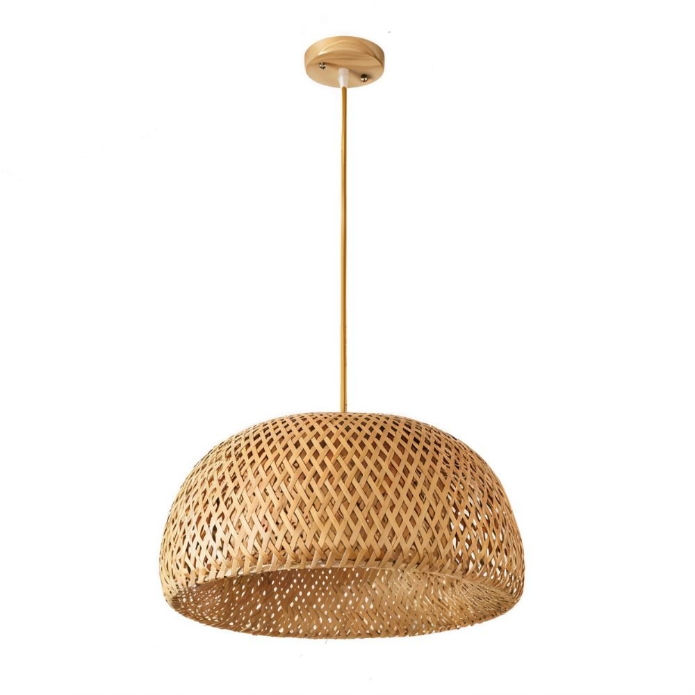 Clérachic woven bamboo bowl pendant with a wide, shallow lattice dome and a wooden canopy, on a white studio backdrop.