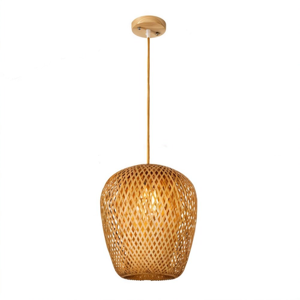 Clérachic woven bamboo semi-cocoon pendant: a rounded lattice shade with a gentle taper, shown on a white studio backdrop.