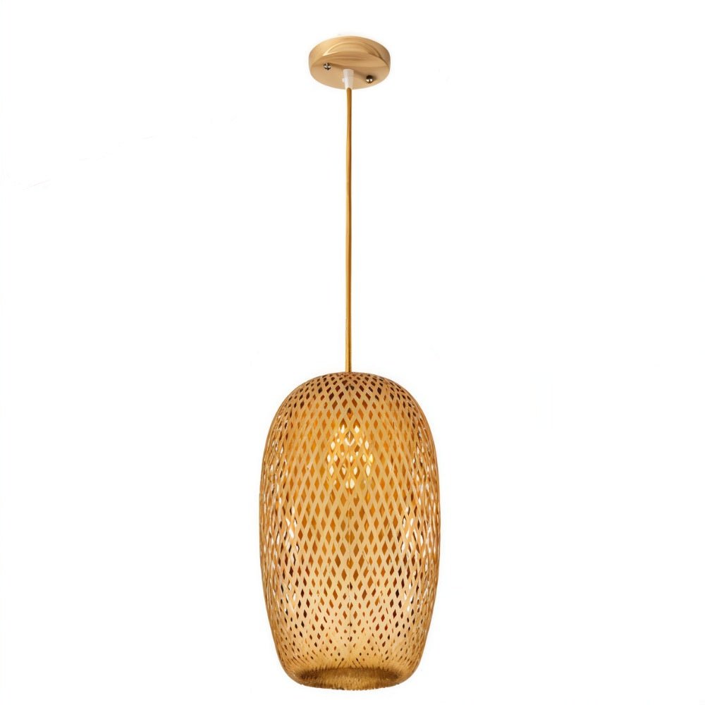 Clérachic tall woven bamboo cocoon pendant with an oval lattice shade and wooden canopy, on a plain white studio backdrop.