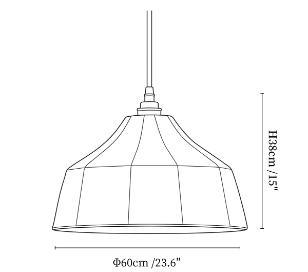 Clérachic pendant light dimension drawing, every measurement marked in centimetres and inches.