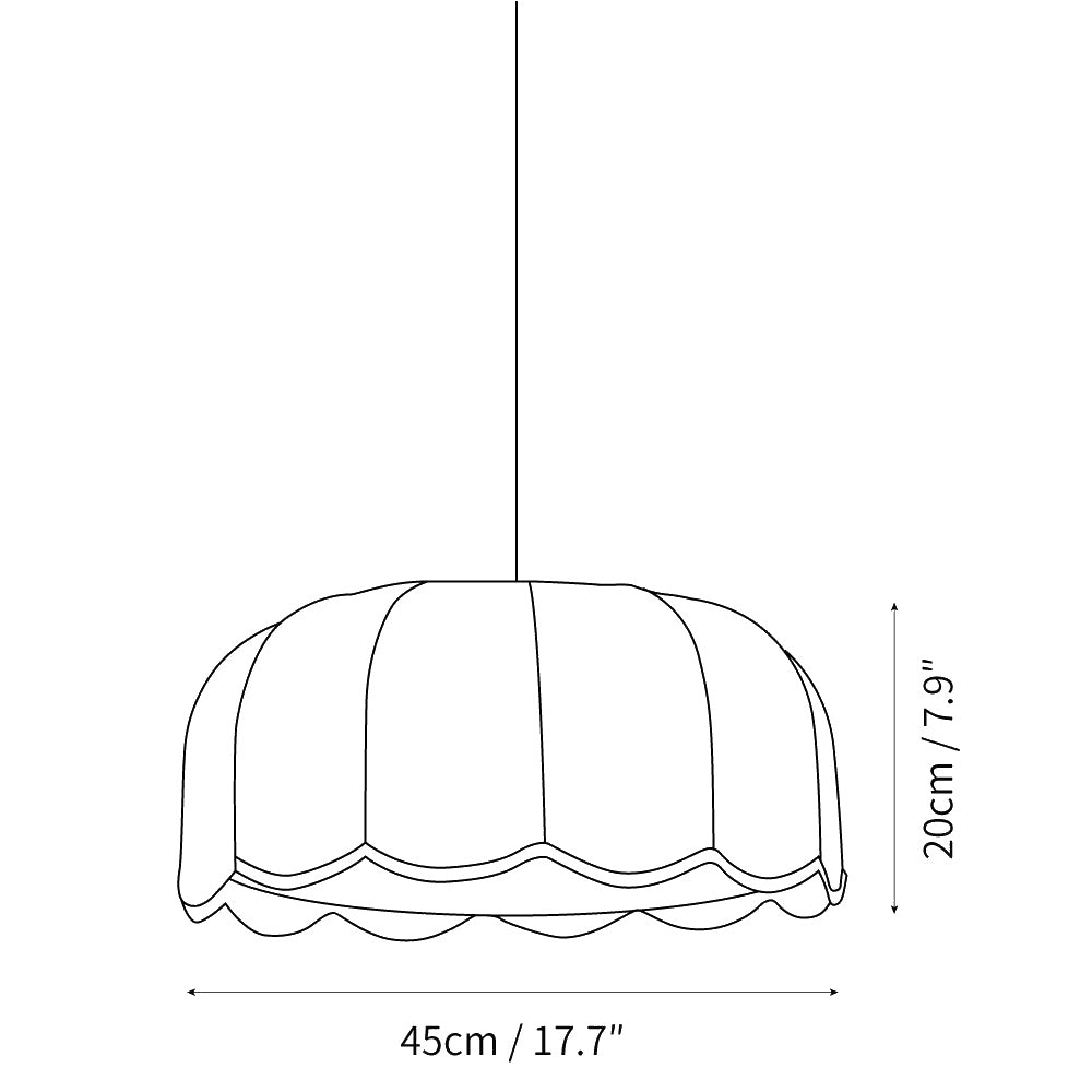 Dimension drawing of the banana leaf pendant lamp, in outline against white.