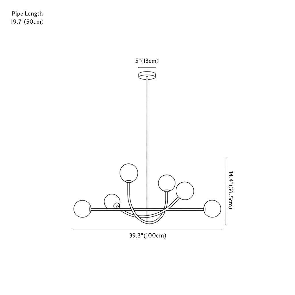 Clérachic chandelier dimension drawing, every measurement marked in centimetres and inches.