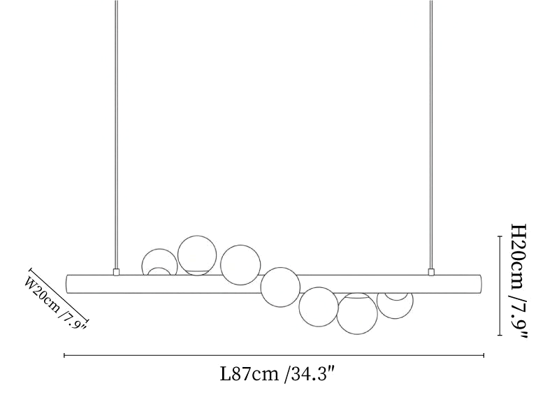 Clérachic pendant light dimension drawing, every measurement marked in centimetres and inches.