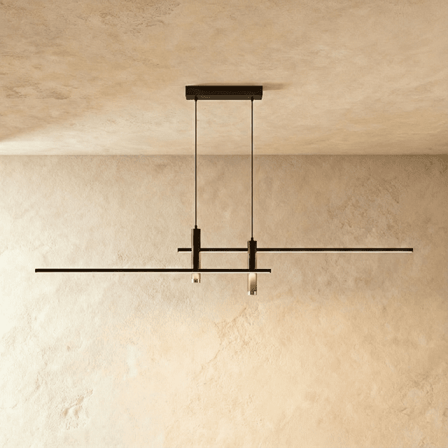 Clérachic black bar pendant light with twin cylindrical LED drops, unlit against a plaster ceiling.
