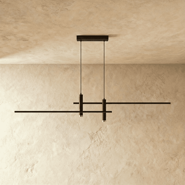 Clérachic bar pendant light in matte black, shown from a front angle with dual light bars, unlit on a plaster ceiling.