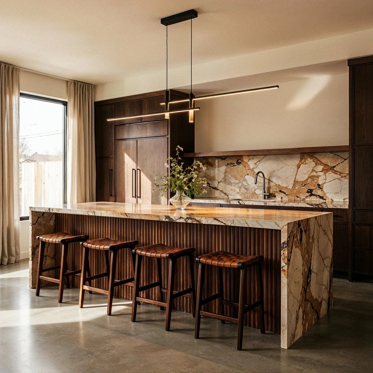 A lit Clérachic black bar pendant light glows above a marble-topped kitchen island with leather counter stools.