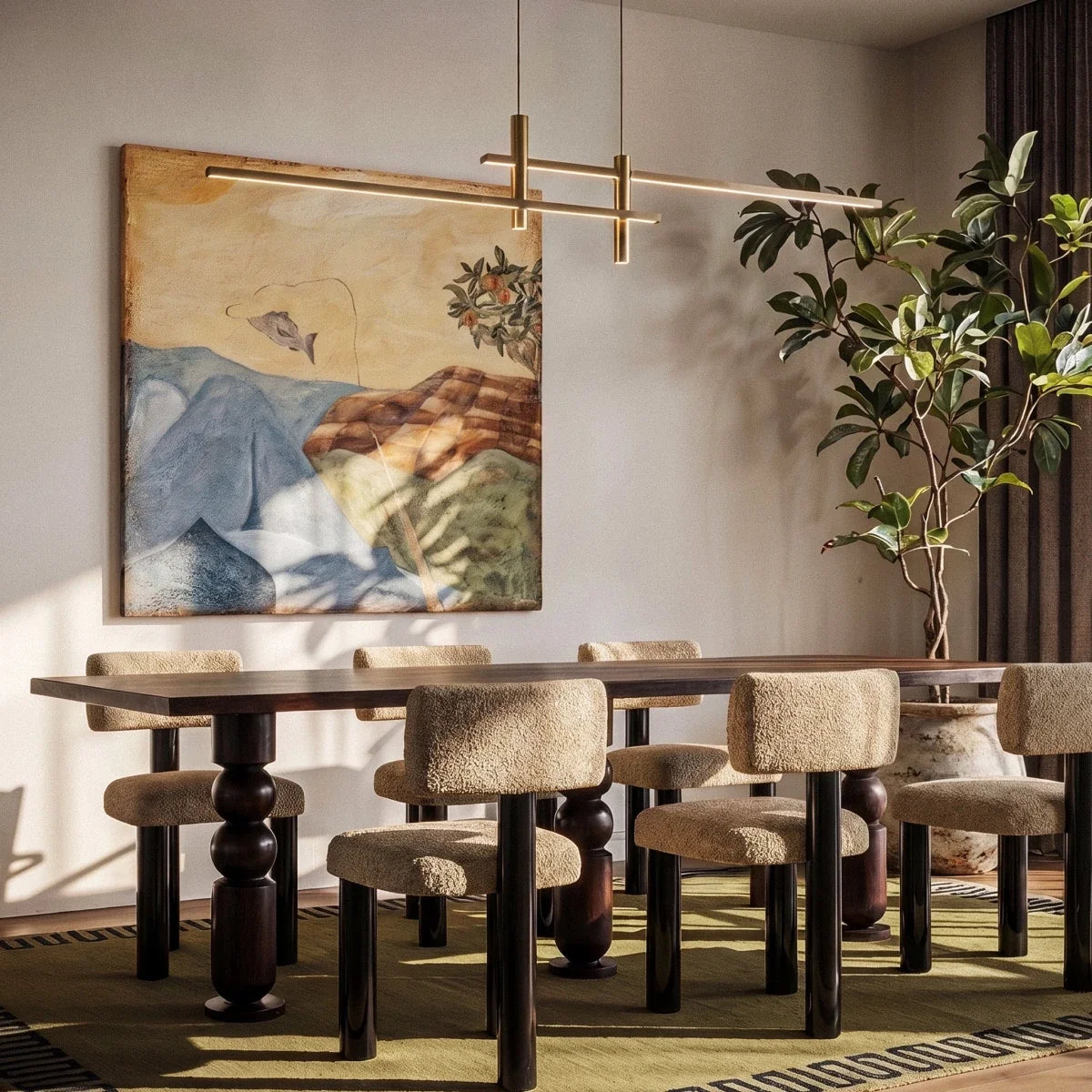 An unlit Clérachic gold bar pendant light hangs above a long dining table beneath a framed landscape painting.