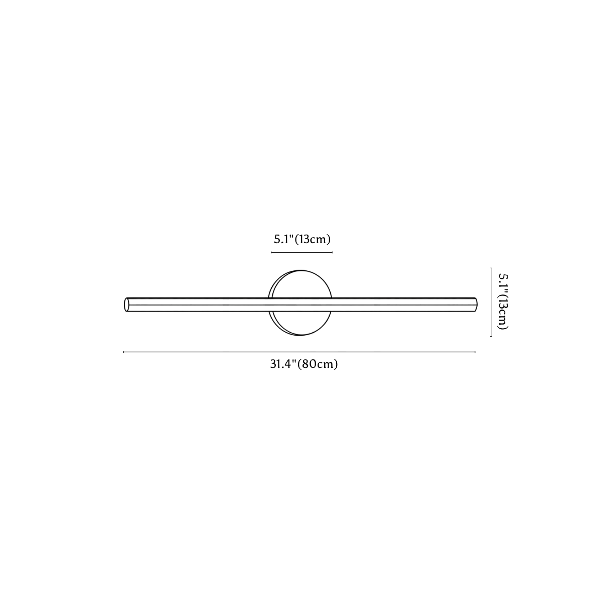 Clérachic wall light dimension drawing, 80 cm, every measurement marked in centimetres and inches.