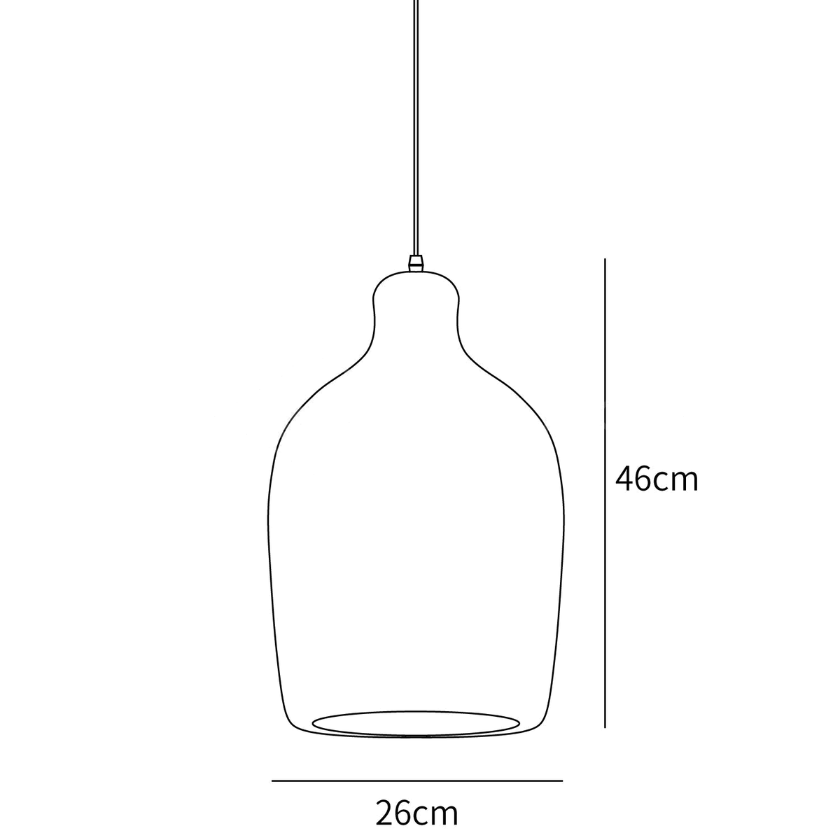 Clérachic pendant light dimension drawing, 3 of 3, every measurement marked in centimetres and inches.