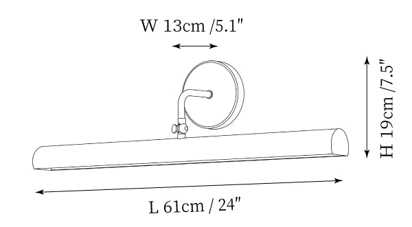 Dimension drawing of this Clérachic wall sconce, with its length, depth and height marked.