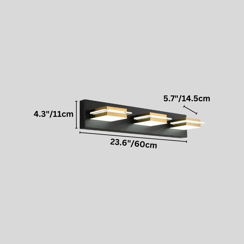 Clérachic three-head black wall bar with gold bands, shown on grey with its 60 cm length, 11 cm height and 14.5 cm projection marked.