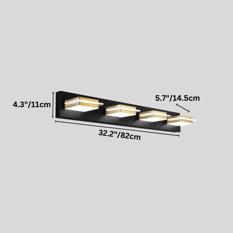 Clérachic four-head black wall bar with gold bands, shown on grey with its 82 cm length, 11 cm height and 14.5 cm projection marked.