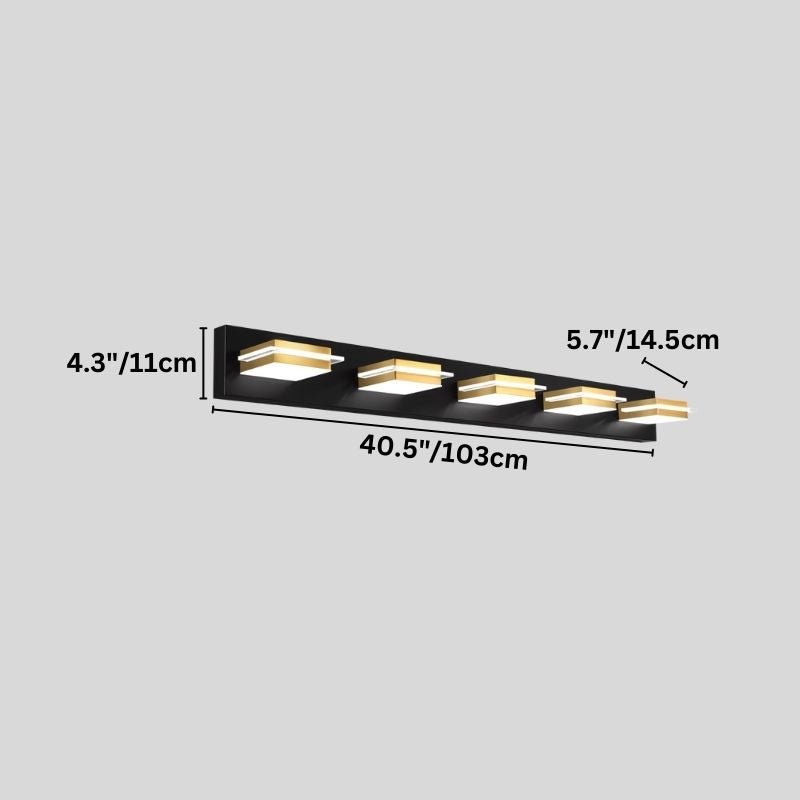 Clérachic five-head black wall bar with gold bands, shown on grey with its 103 cm length, 11 cm height and 14.5 cm projection marked.