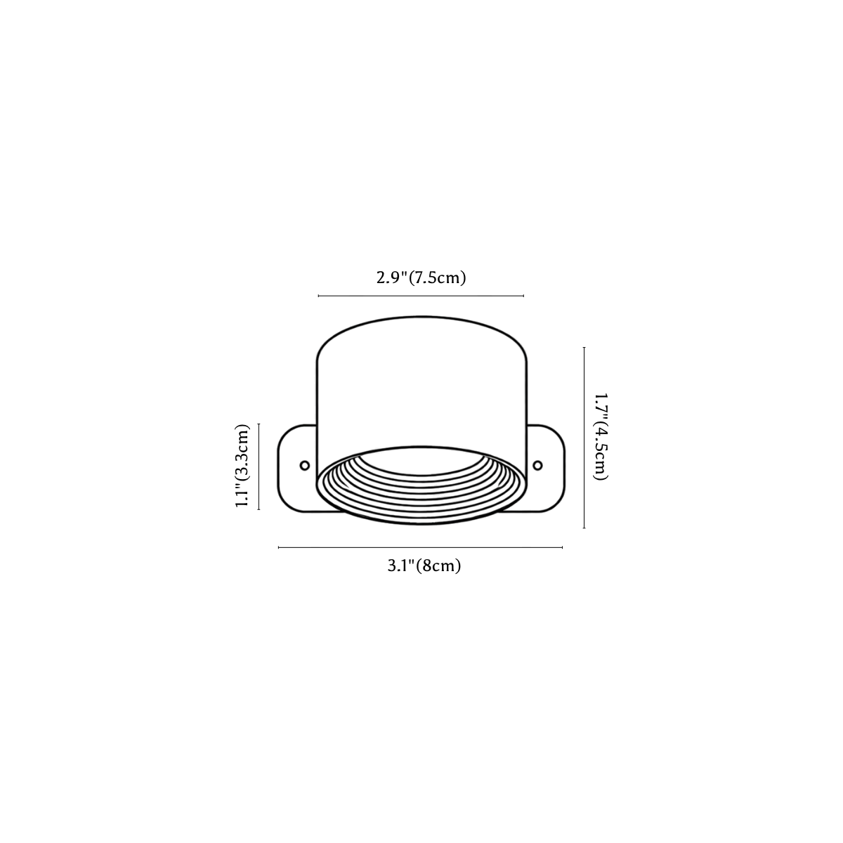 Clérachic wall lamp dimension drawing, every measurement marked in centimetres and inches.