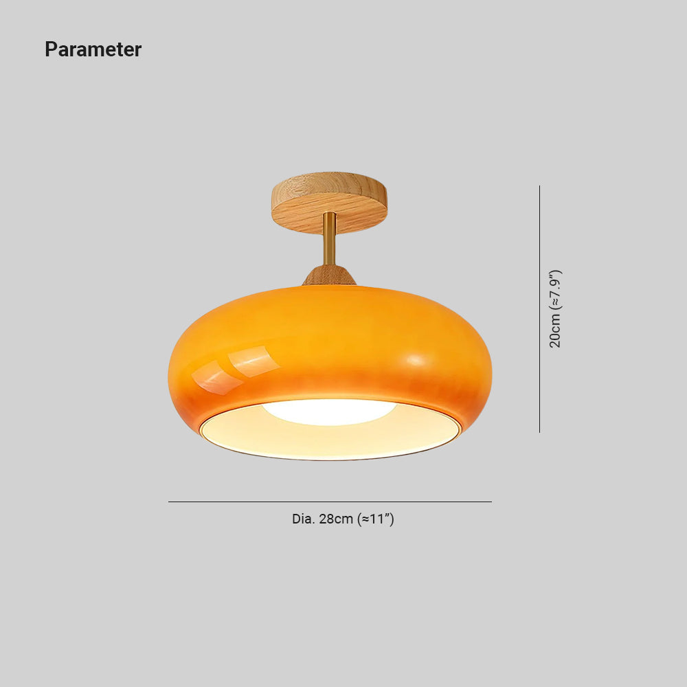 Dimension drawing for the Clérachic Bauhaus glass disc ceiling light, Dia. 28cm (≈11″) wide and 20cm (≈7.9″) high.