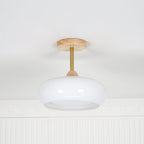 Front view of the Clérachic Bauhaus glass disc ceiling light unlit, its slim brass stem clear against a white wall.