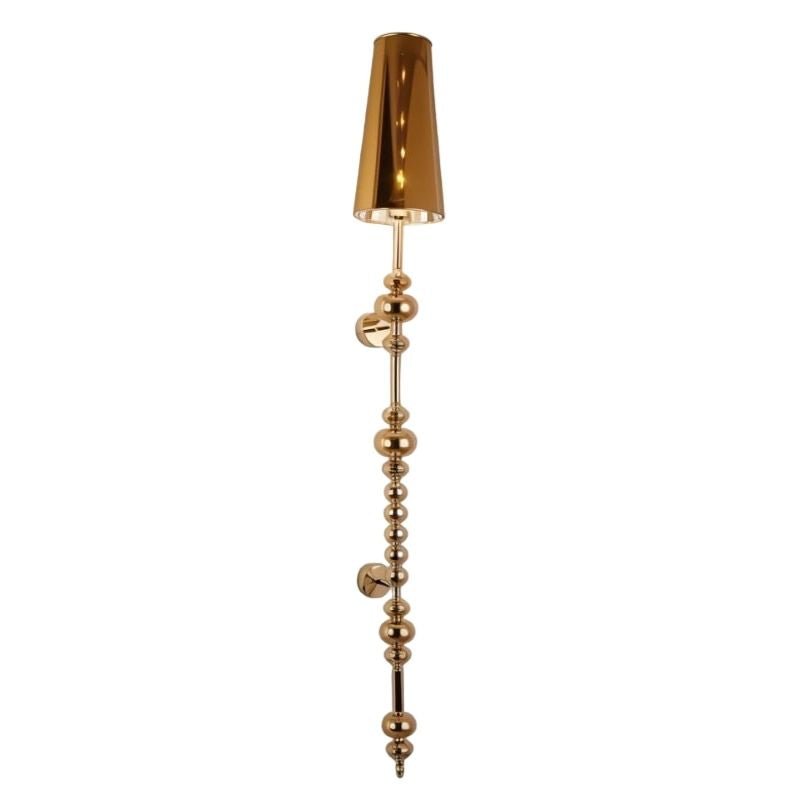 Clérachic slim gold wall lamp with a tapered mirrored shade and a stem of stacked spherical beads, on white.
