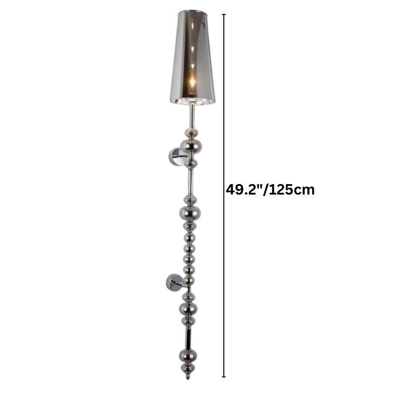 Clérachic slim silver beaded wall lamp with a tapered shade, drawn with a 125 cm overall height line.