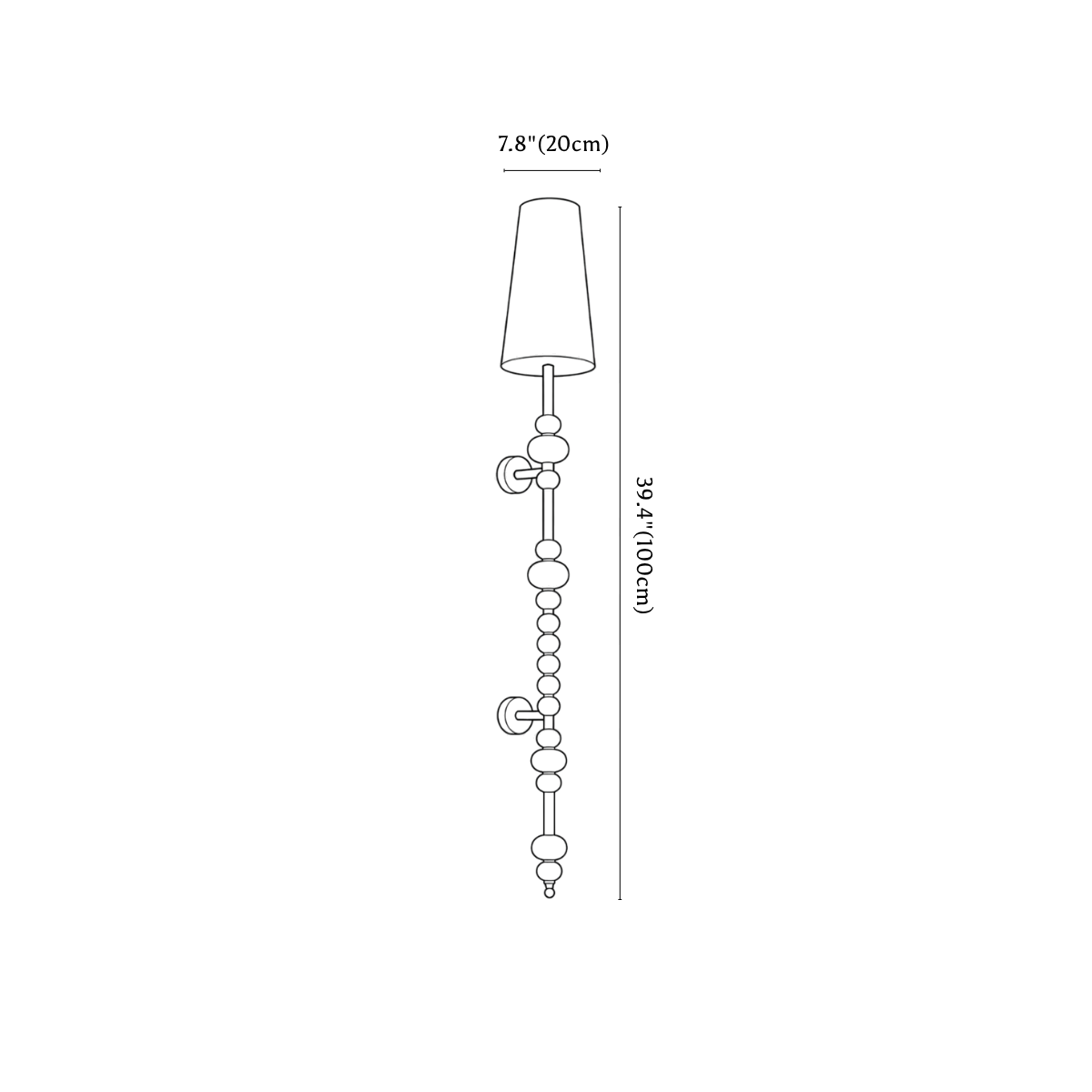 Clérachic wall light dimension drawing, 1 of 3, every measurement marked in centimetres and inches.