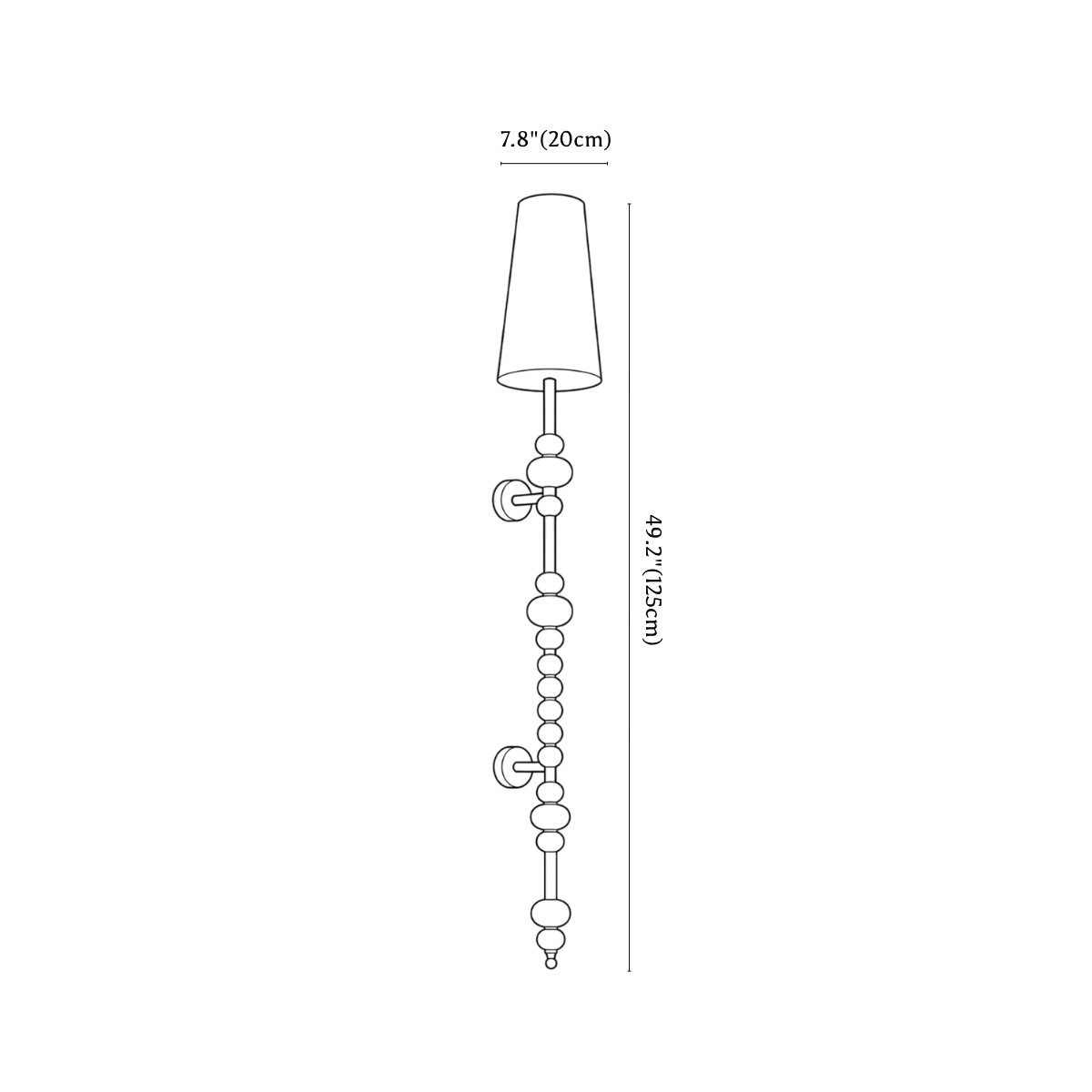 Clérachic wall light dimension drawing, 2 of 3, every measurement marked in centimetres and inches.