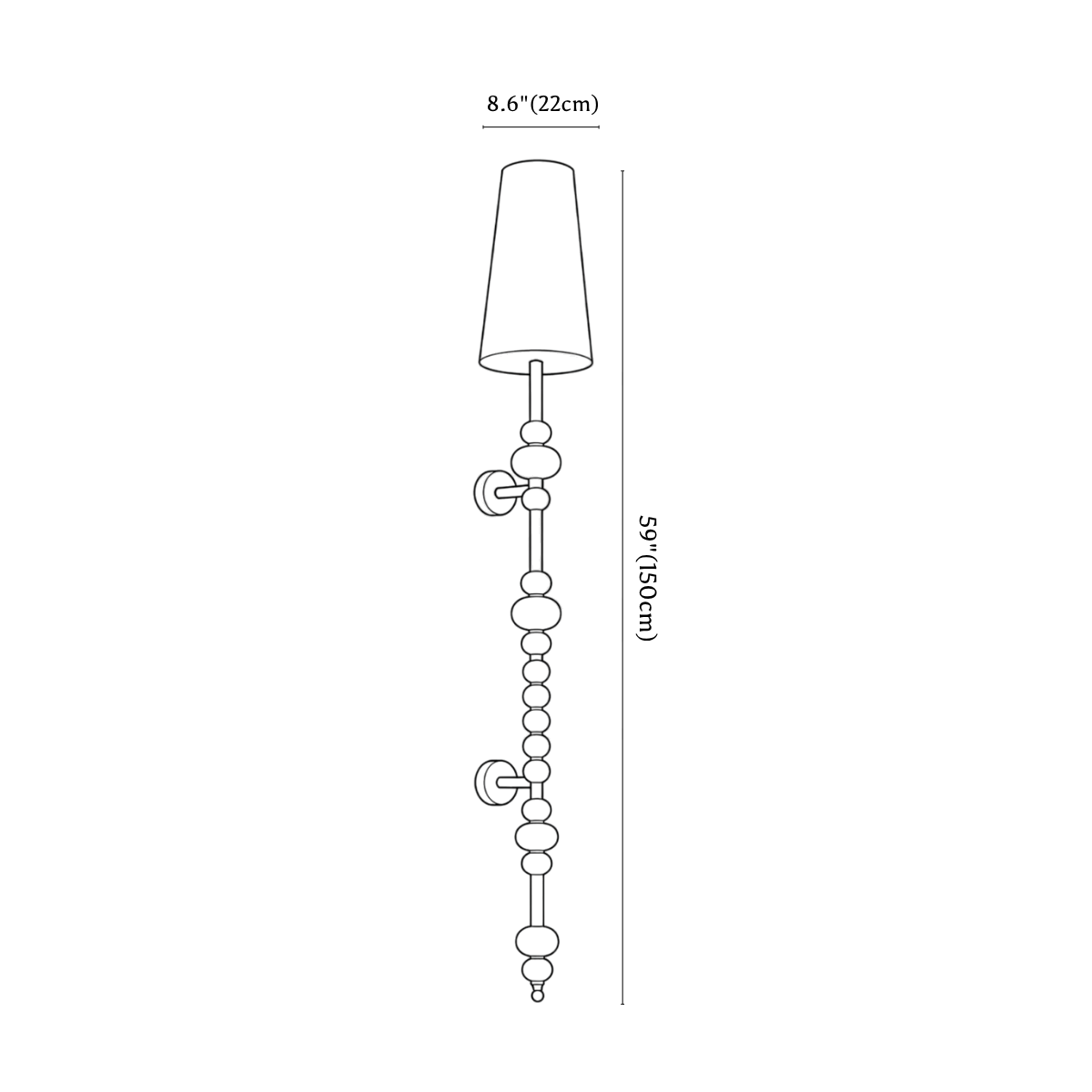 Clérachic wall light dimension drawing, 3 of 3, every measurement marked in centimetres and inches.