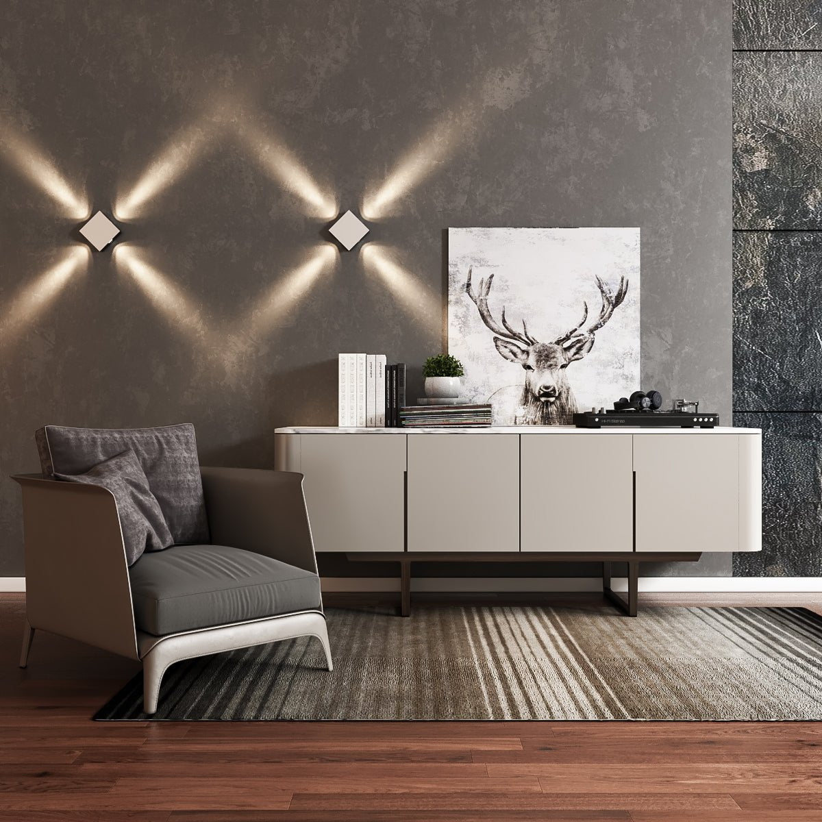 Clérachic pair of square wall lamps on a grey wall, their crossing beams forming a zigzag above a sideboard and armchair.