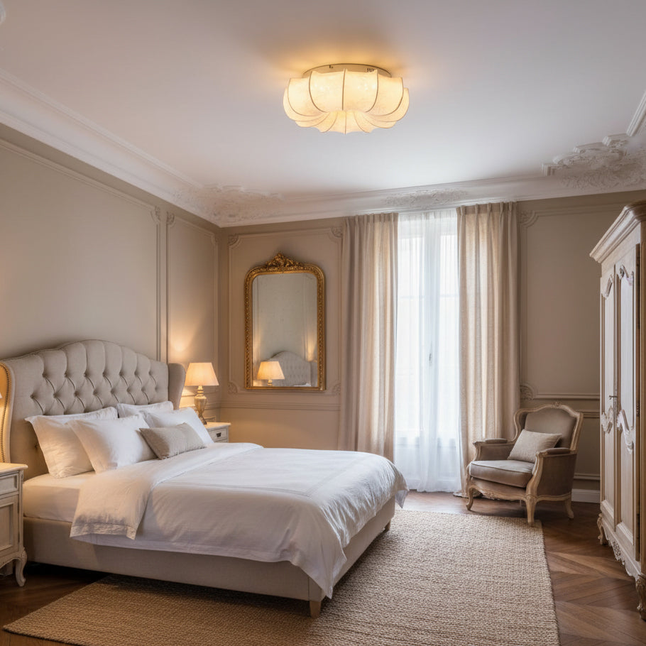 Clérachic flush ceiling light lit above a bedroom with a tufted headboard, a gilt mirror and long cream curtains.