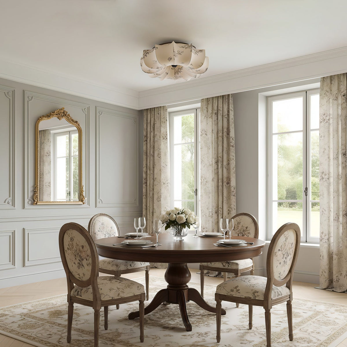 A Clérachic ceiling light, unlit, above a round dark wood dining table with floral chairs and a gilt mirror on the wall.