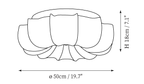 Clérachic ceiling light dimension drawing, every measurement marked in centimetres and inches.