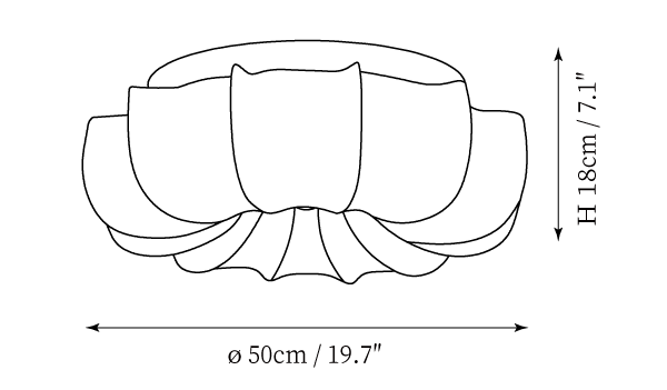 Clérachic ceiling light dimension drawing, every measurement marked in centimetres and inches.
