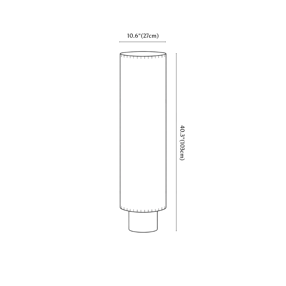 Clérachic floor lamp dimension drawing, 27 × 103 cm, every measurement marked in centimetres and inches.