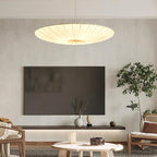 Shallow Clérachic pendant light glowing over a living room with a wall-mounted television, a low shelf and a leafy tree.
