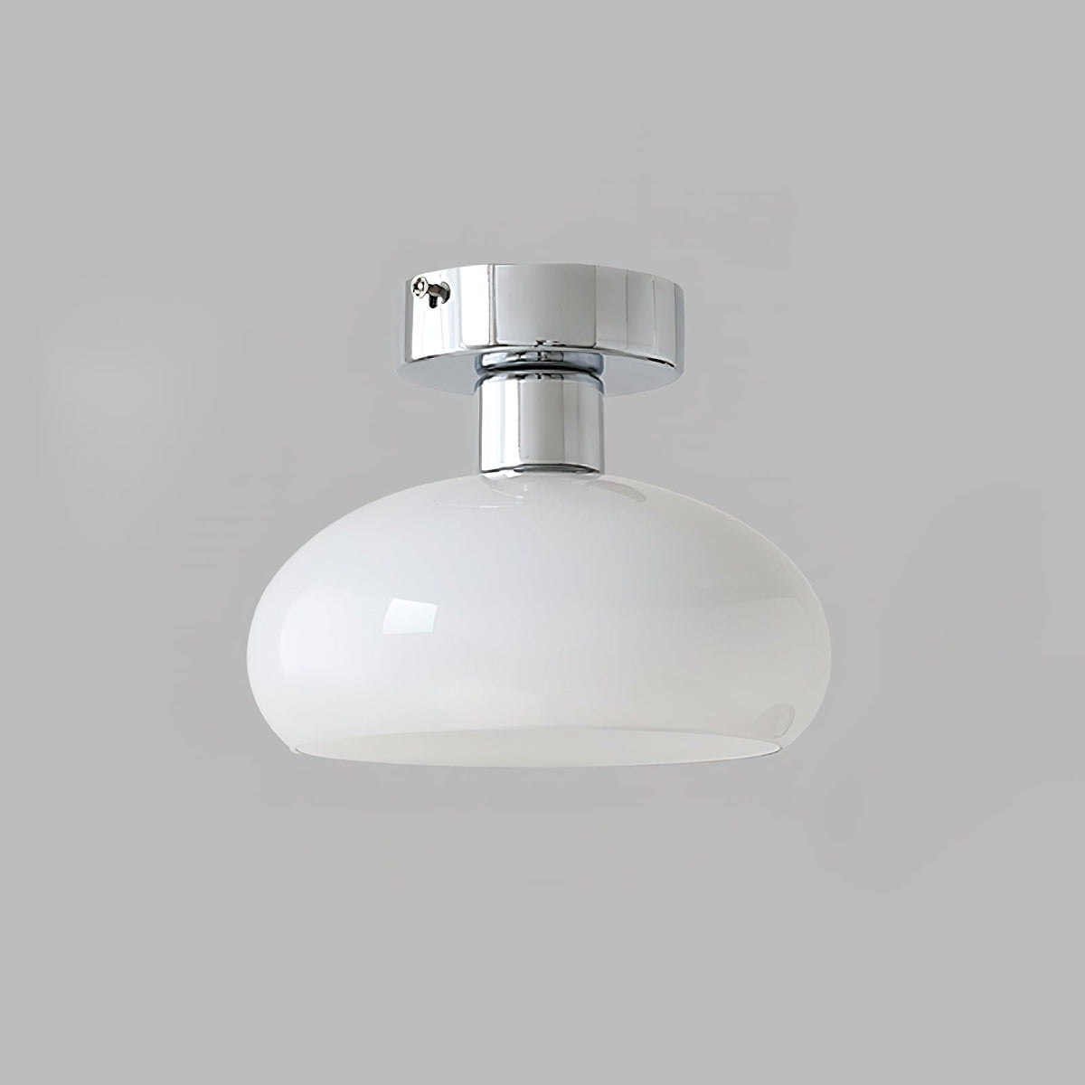 White glass dome with a polished chrome canopy, a Clérachic ceiling light on a mid-grey backdrop.