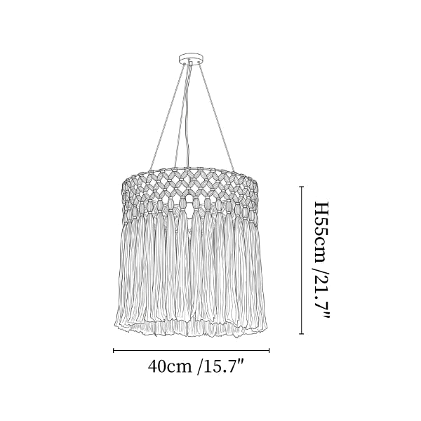 Clérachic pendant light dimension drawing, 1 of 3, every measurement marked in centimetres and inches.
