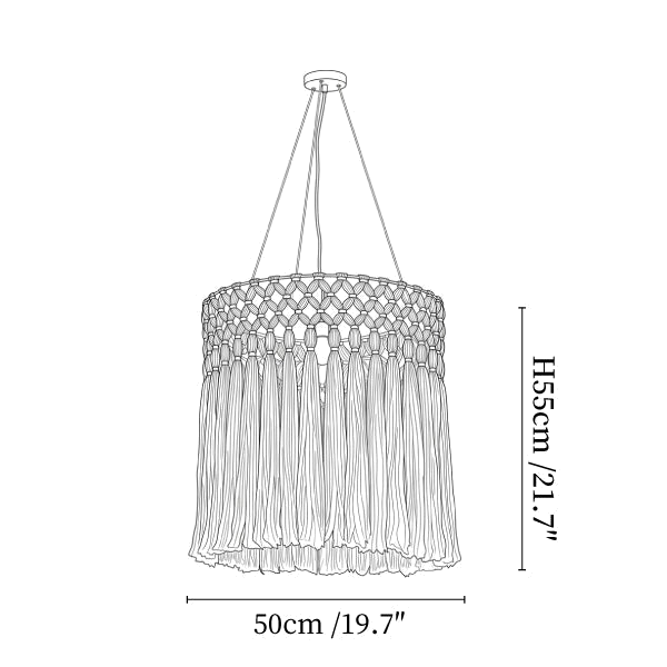 Clérachic pendant light dimension drawing, 2 of 3, every measurement marked in centimetres and inches.