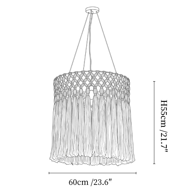 Clérachic pendant light dimension drawing, 3 of 3, every measurement marked in centimetres and inches.