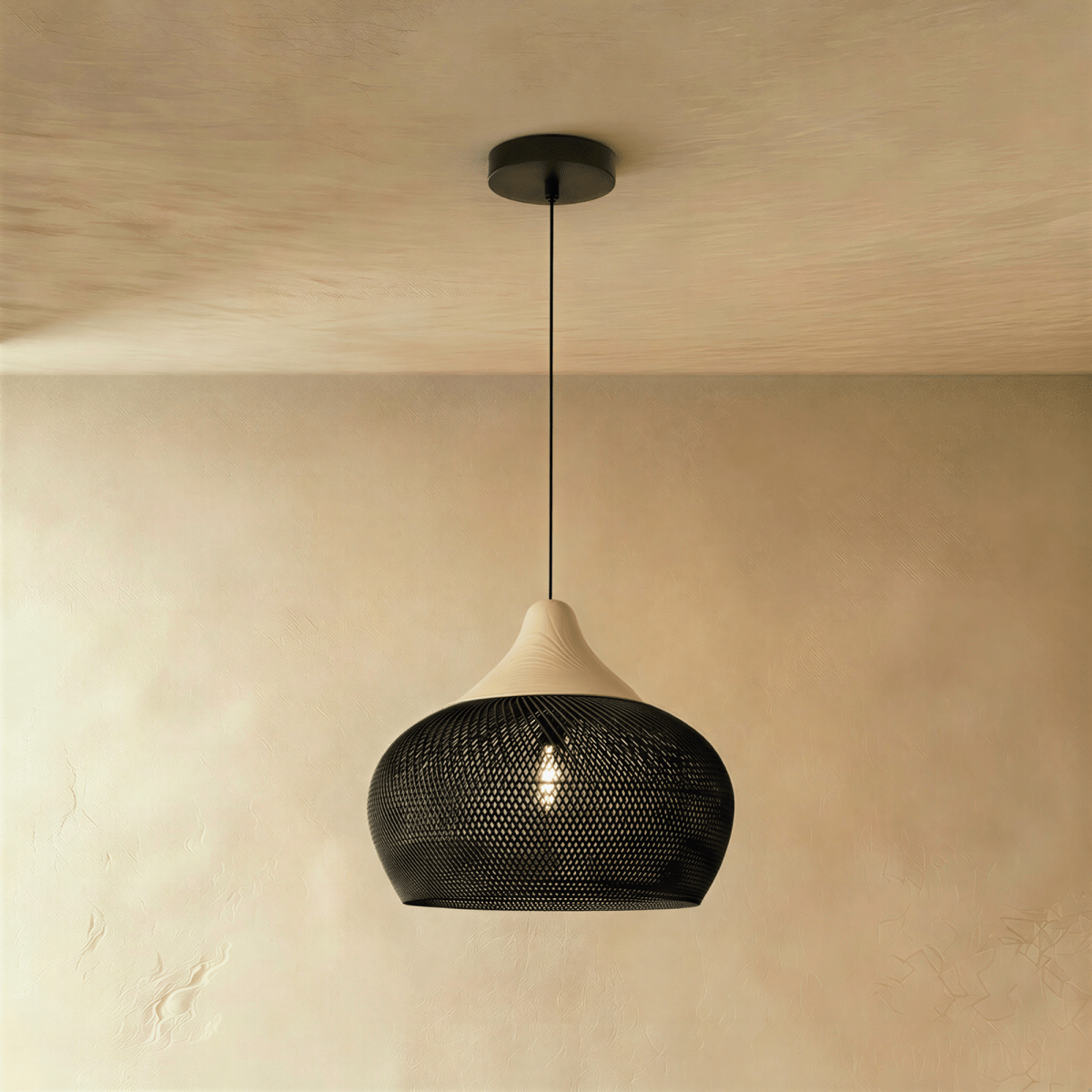 Clérachic black woven rattan pendant light with a rounded dome shade and beige wood cap suspended from the ceiling.