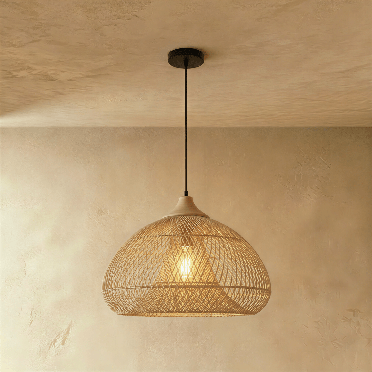 Clérachic natural rattan pendant light with a rounded beige dome shade and matching wood cap suspended from the ceiling.
