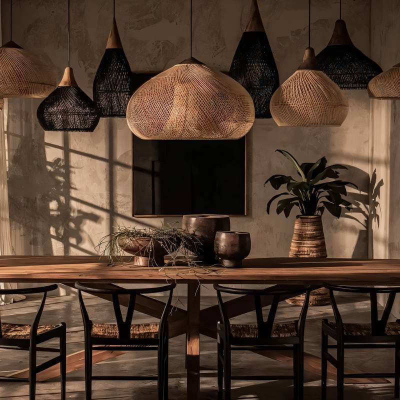 Clérachic woven rattan pendant lights in black and beige dome and teardrop shapes grouped above a wooden dining table.