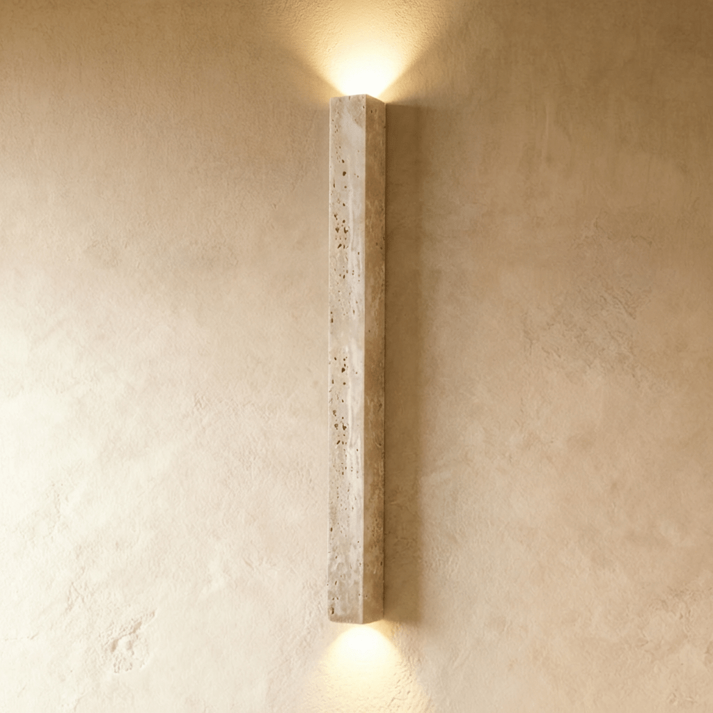 Clérachic tall travertine column wall light, no globe, with pitted natural stone and light washing up and down the wall.