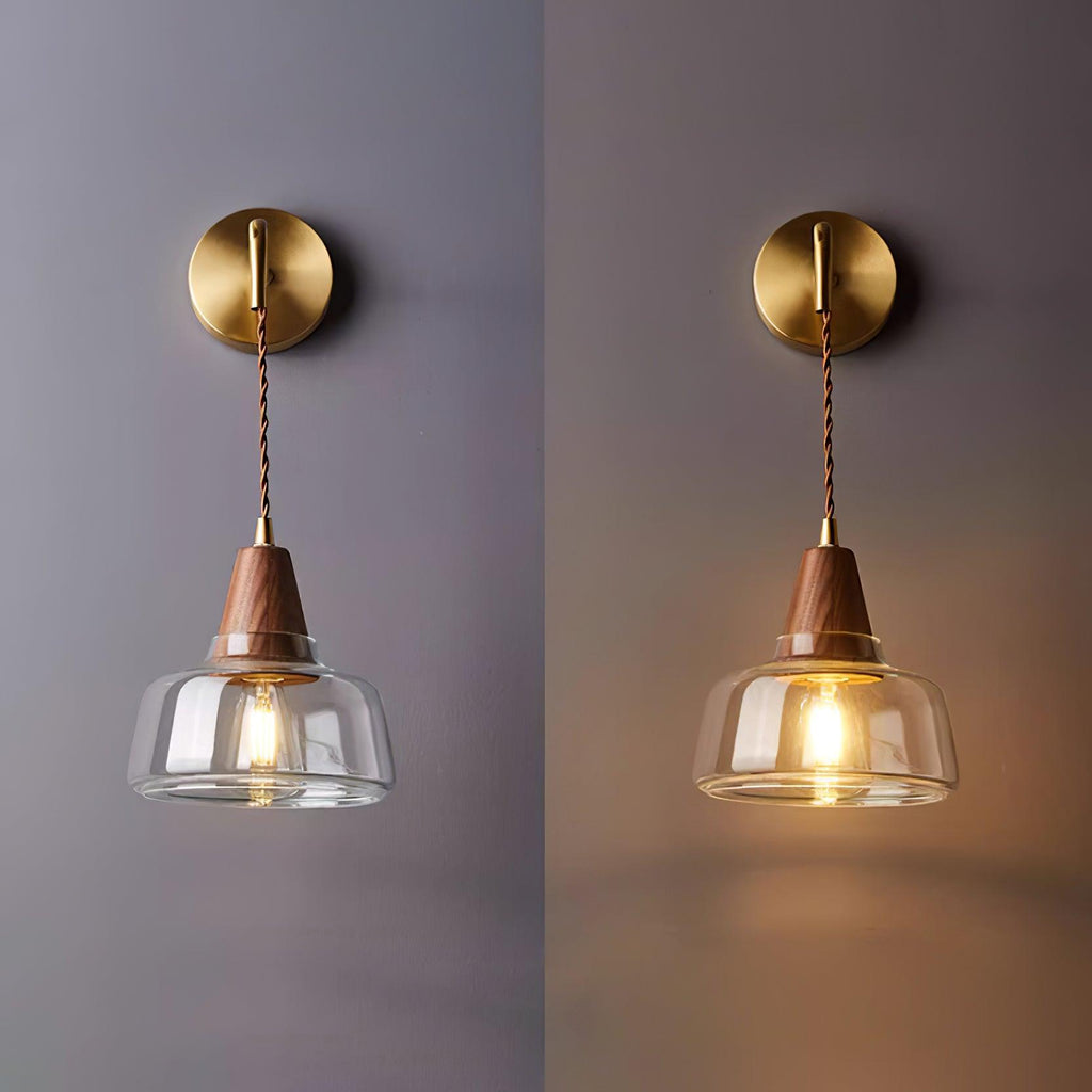 Side-by-side comparison of the Clérachic sconce with its light off and on, showing the warm glow the glass bell throws.