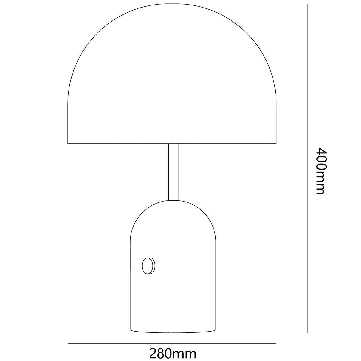 Dimension drawing of the bell table light, in outline against white.