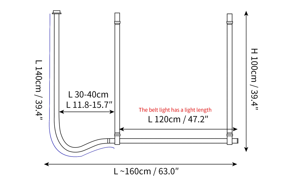 Dimension drawing of this Clérachic pendant in the 160 cm length, with its height and width marked.