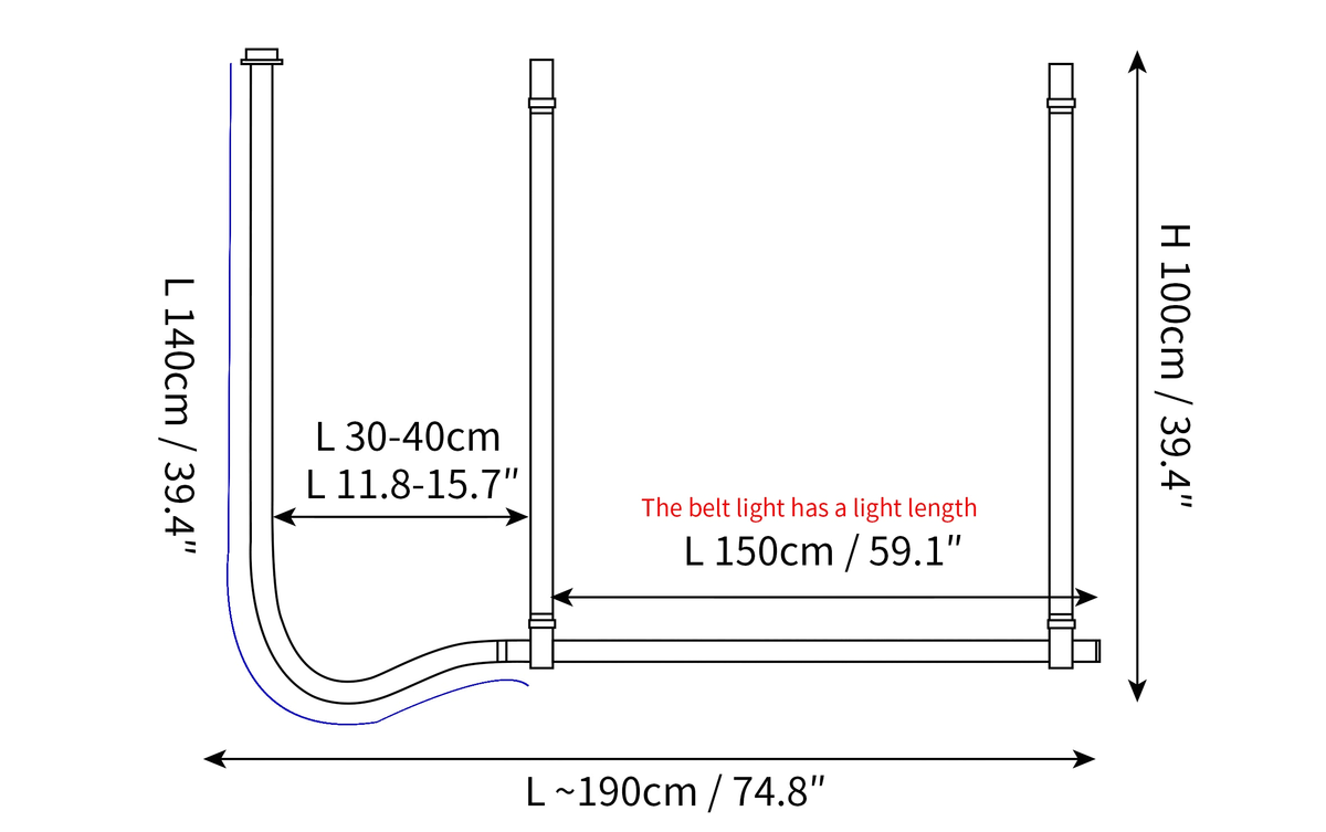 Dimension drawing of this Clérachic pendant in the 190 cm length, with its height and width marked.