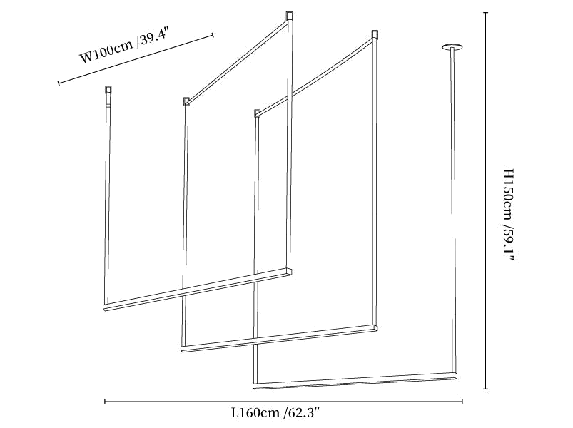 Dimension drawing of this Clérachic three-strip pendant light, with its height, width and length marked.