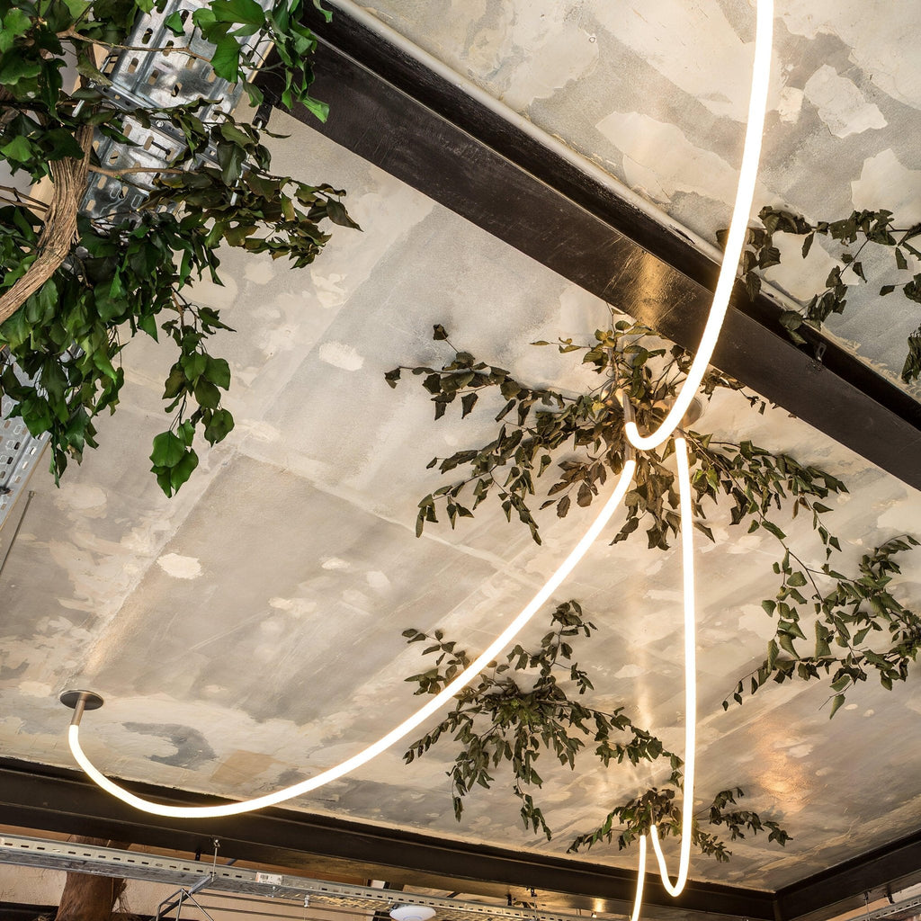 A bright Clérachic rope pendant arcing across a ceiling beam, with tree branches and a mirrored panel ceiling above.