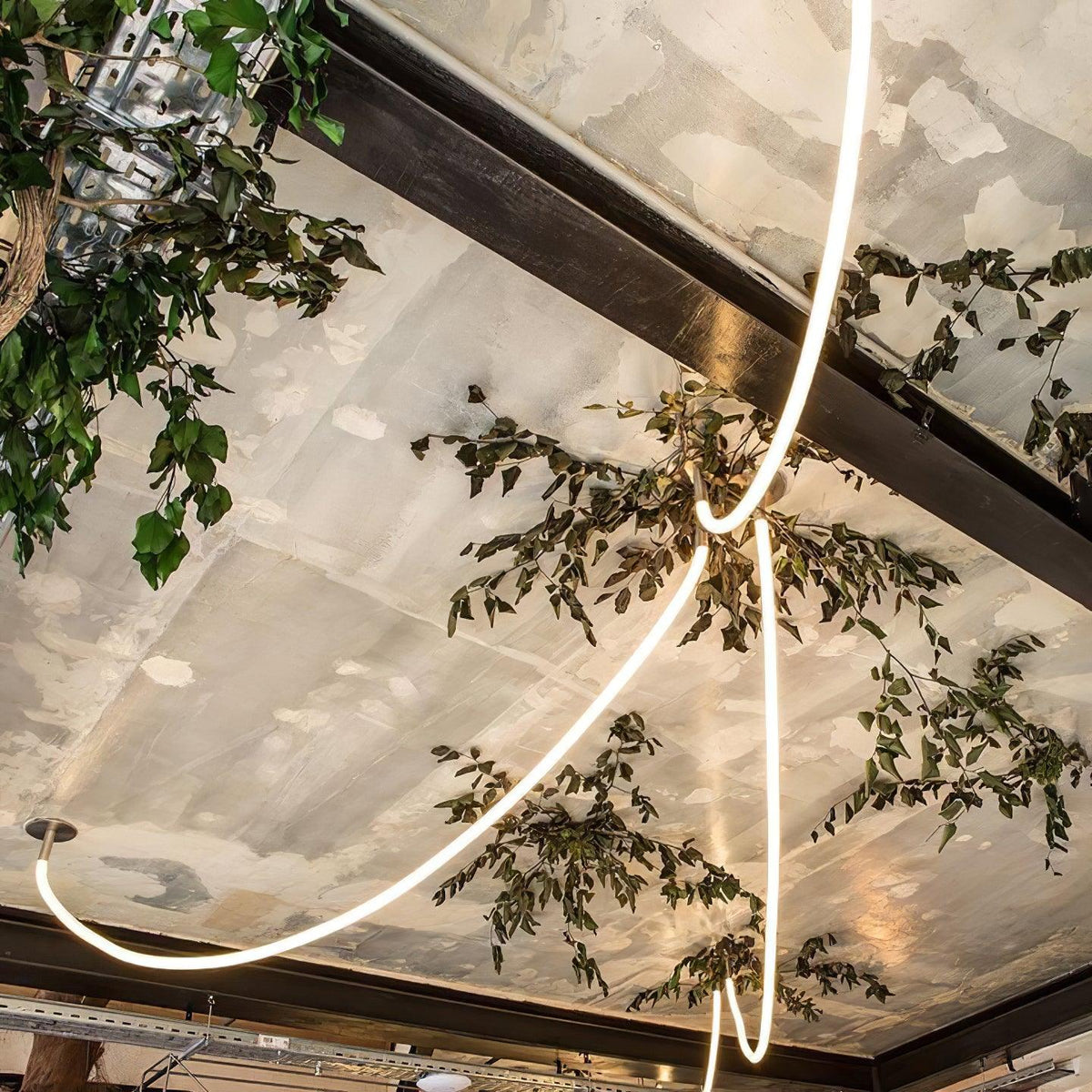 A Clérachic LED rope pendant sweeping across a ceiling beam in a close view, with tree leaves and a mirrored panel ceiling.