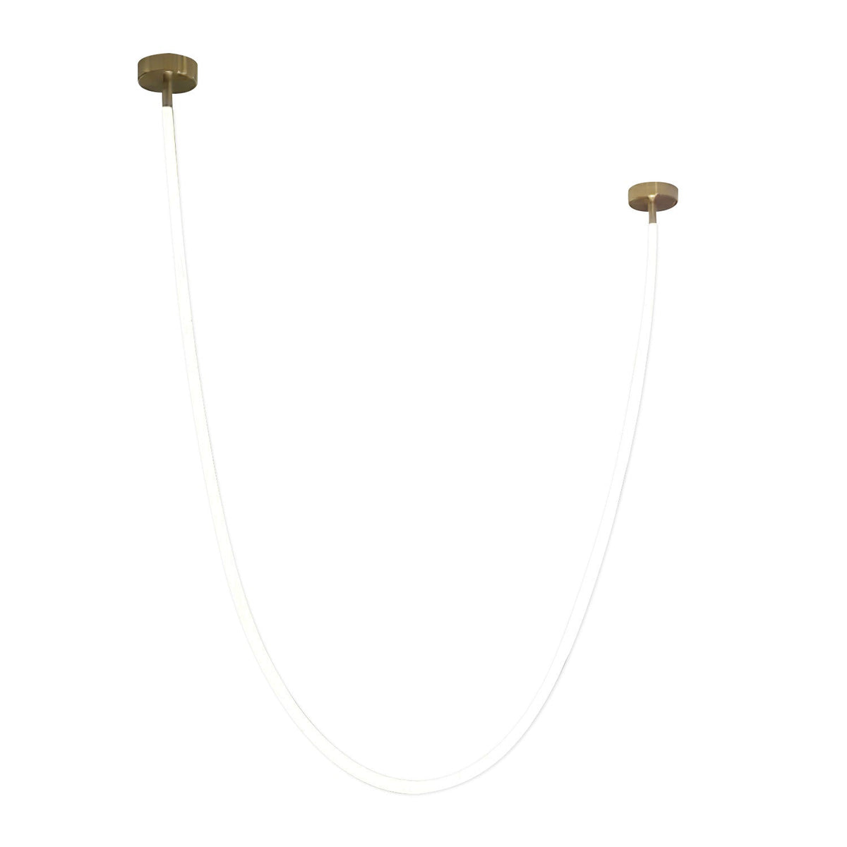 The Clérachic LED rope pendant on a white backdrop in a faint, high-key view, looped between two round gold-toned ceiling plates.