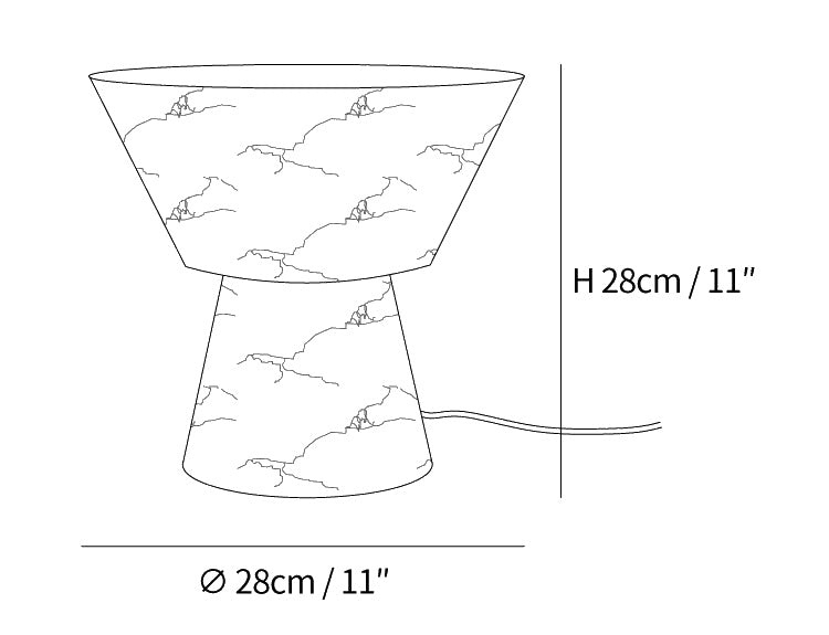 Dimension drawing of the beta marble alabaster table lamp, in outline against white.