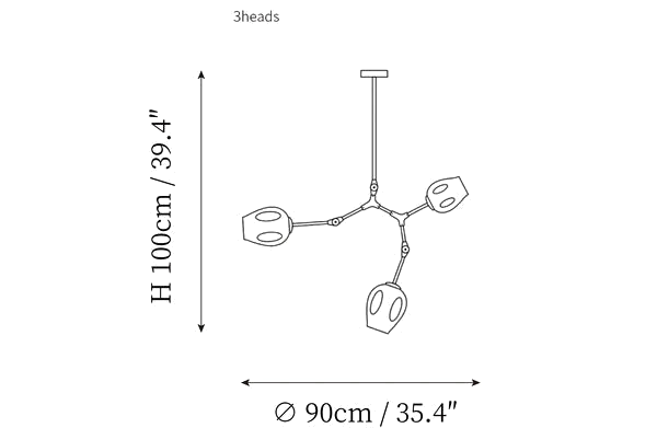 Dimension drawing of this Clérachic 3-head chandelier, with its 100 cm height and 90 cm width marked.